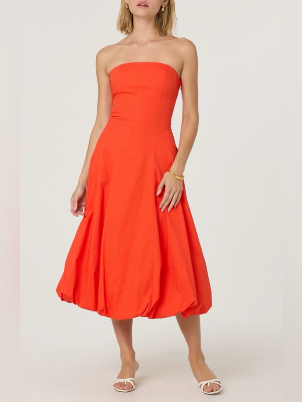 Astr Strapless Bubble-Hem Midi Dress in Tangerine